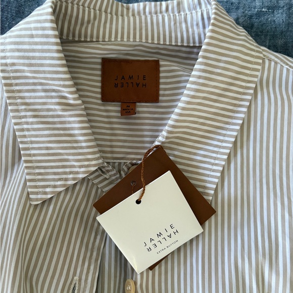 NWT Jamie Haller The Weekend Button Down Cotton Poplin Shirt Tan Stripe - Picture 3 of 5